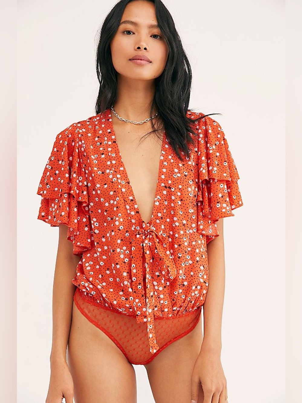 Intimately Free People Orange Floral Ruffle Sleeve Boho Bodysuit Blouse